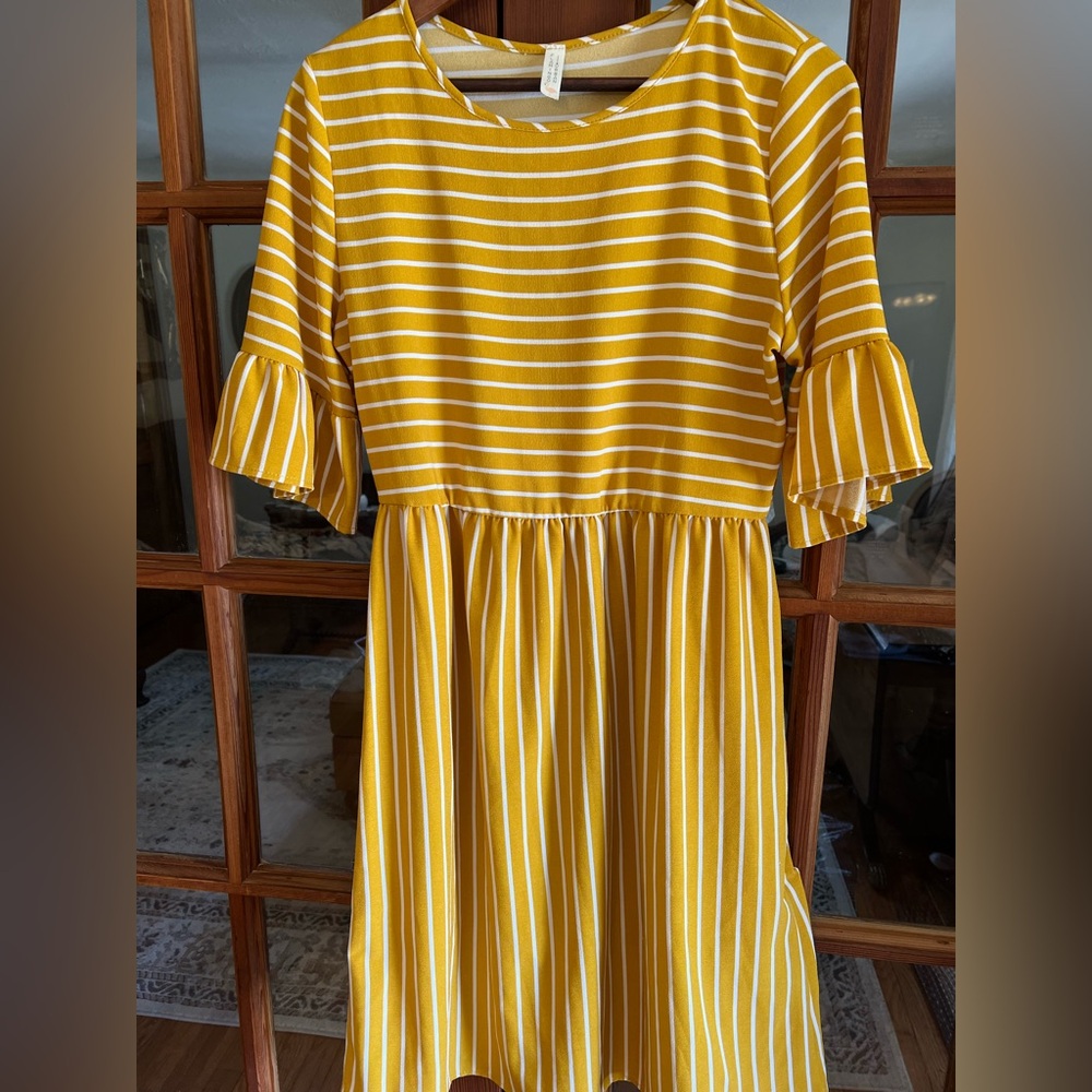 Flamingo Urban Yellow and White Striped Ruffle-Sleeve Dress